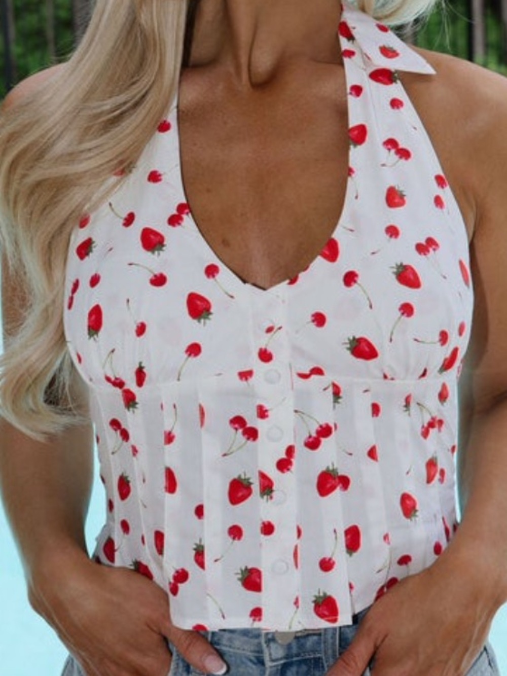 Poplin Halter Neck Fruit Print Top - White/Red